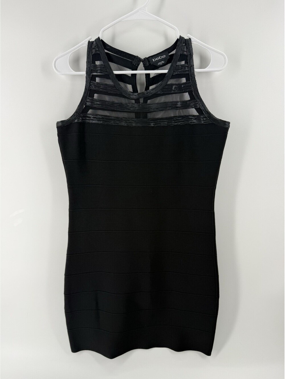 BEBE S Women Bandage Black Dress LBD party cocktail mini knit stretch L Vintage